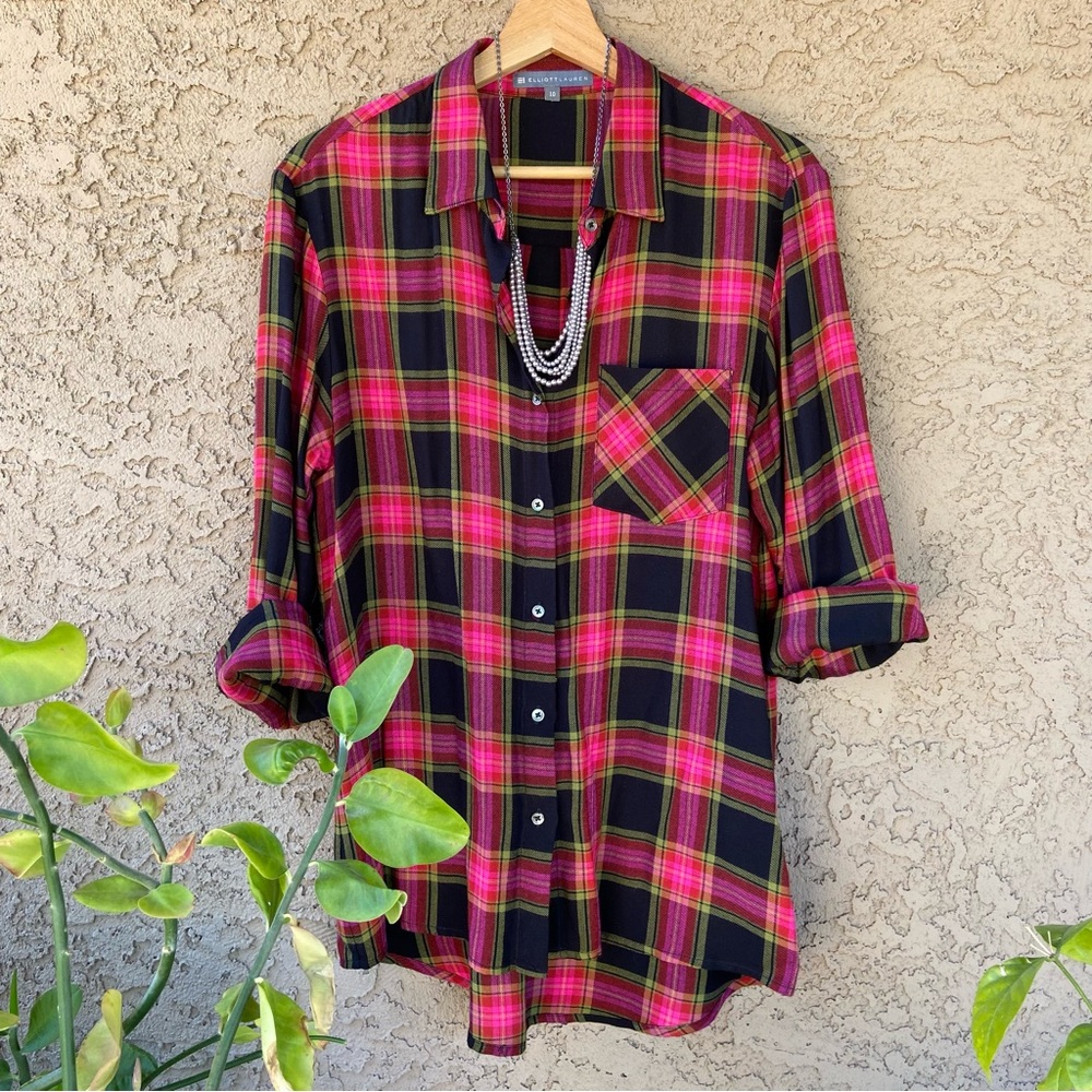 Plaid Dark Pink + Black Button Down Tunic/Blouse